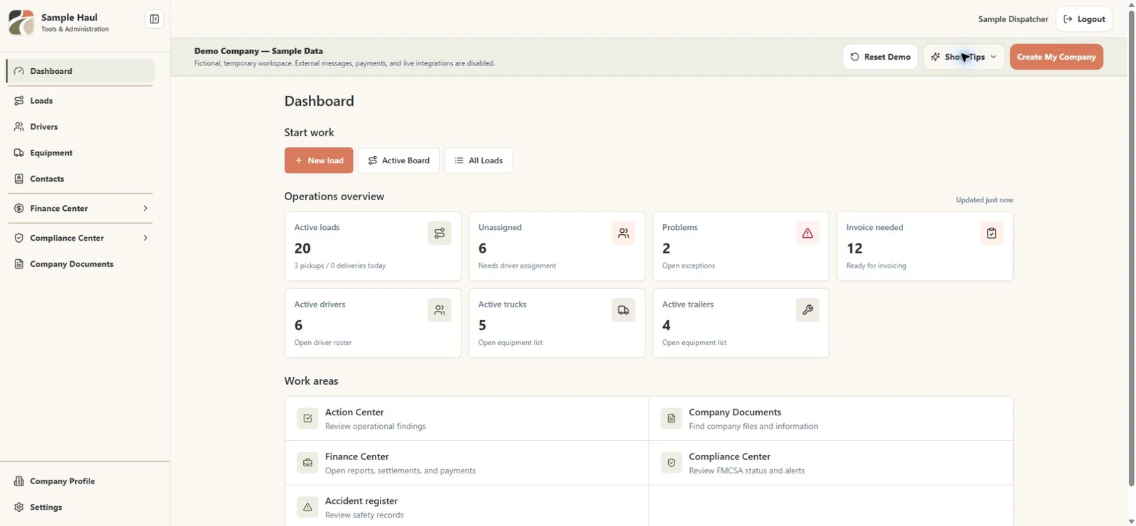 Preview of the TruckTA sample company dashboard